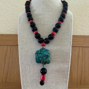 Mexican Turquoise, Obsidian, Coral necklace, 18 inches long